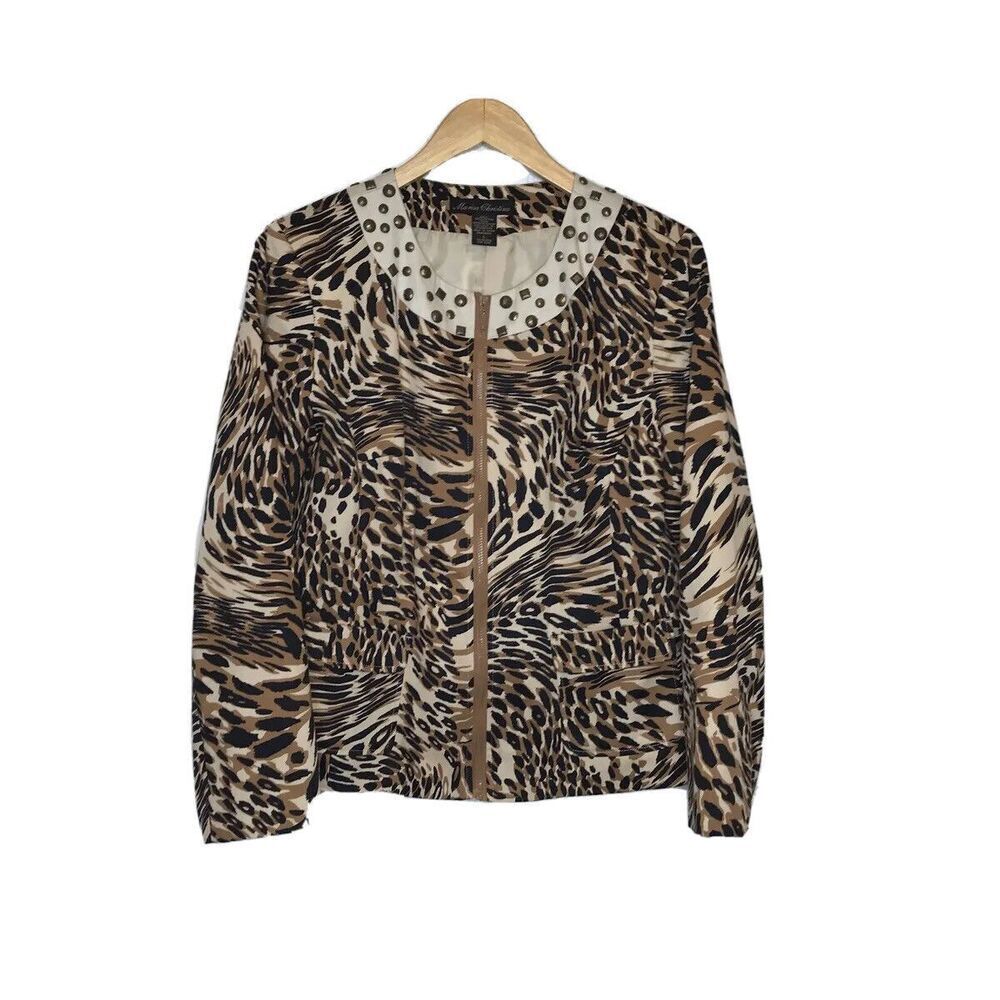Marisa Christina Womens Zip Front Jacket Size L Animal Print Embellished Career
